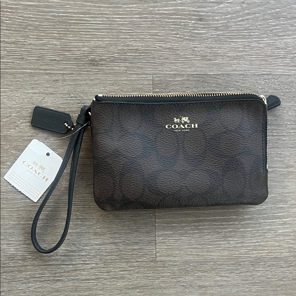 Coach Dark Brown Wristlet with Black Strap